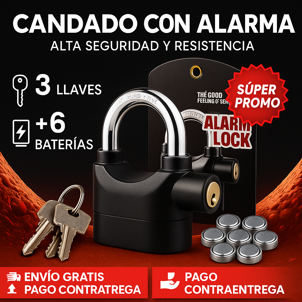 🚨CANDADO ANTIRROBO CON ALARMA🚨(6 PILAS- 3 LLAVES)